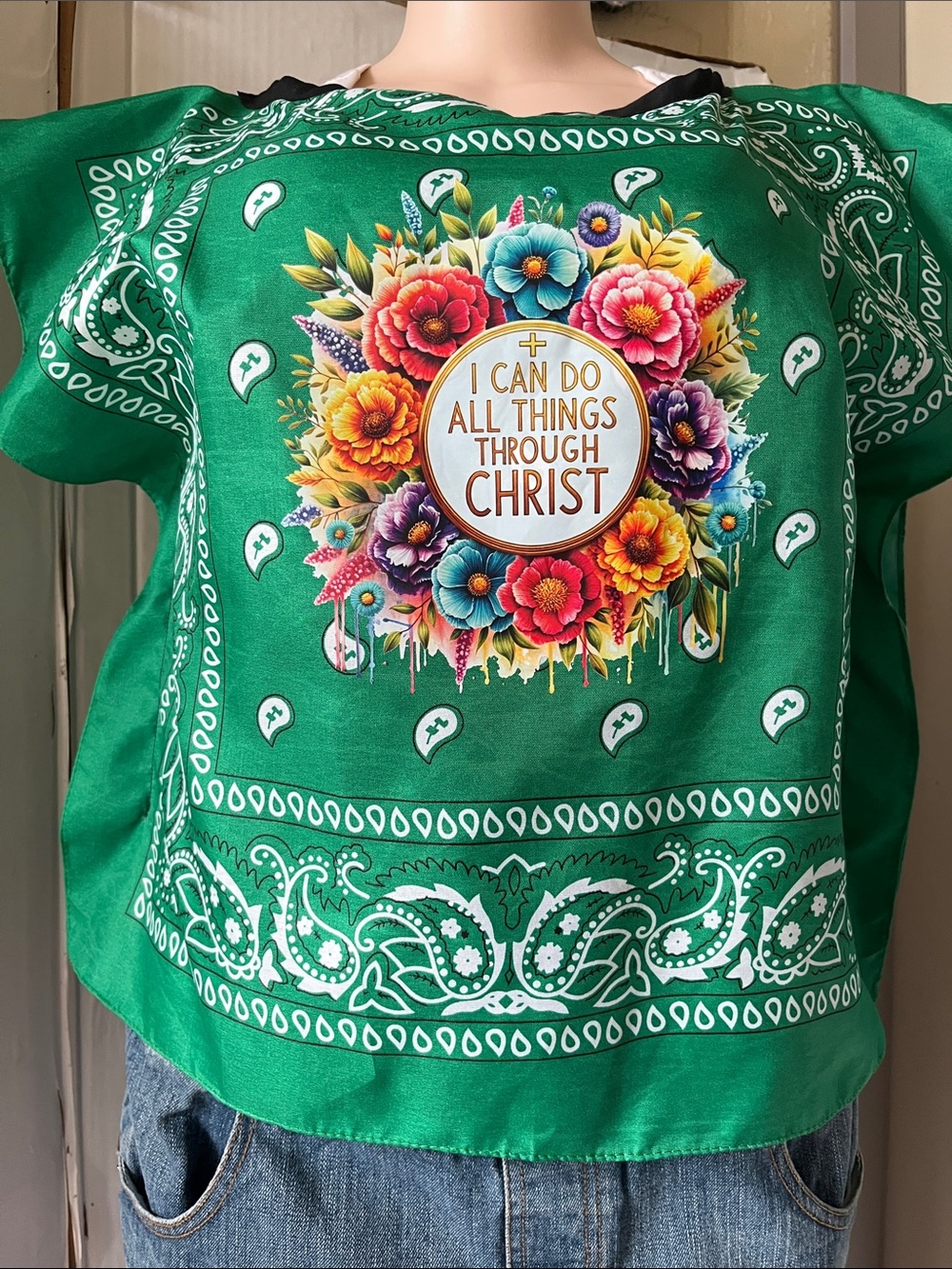 Ladies Green Faith Graphic bandana top- "I Can Do All Things Through Christ"